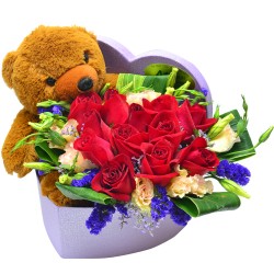 Elegant Romance One Dozen Red Roses with Teddy in Heart Box