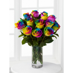 One Dozen Rainbow Roses in Vase