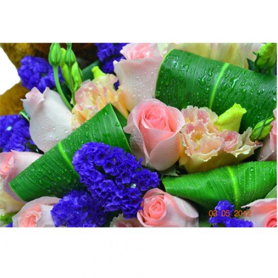 Teddy Bear in Your Heart with One Dozen Pink Roses